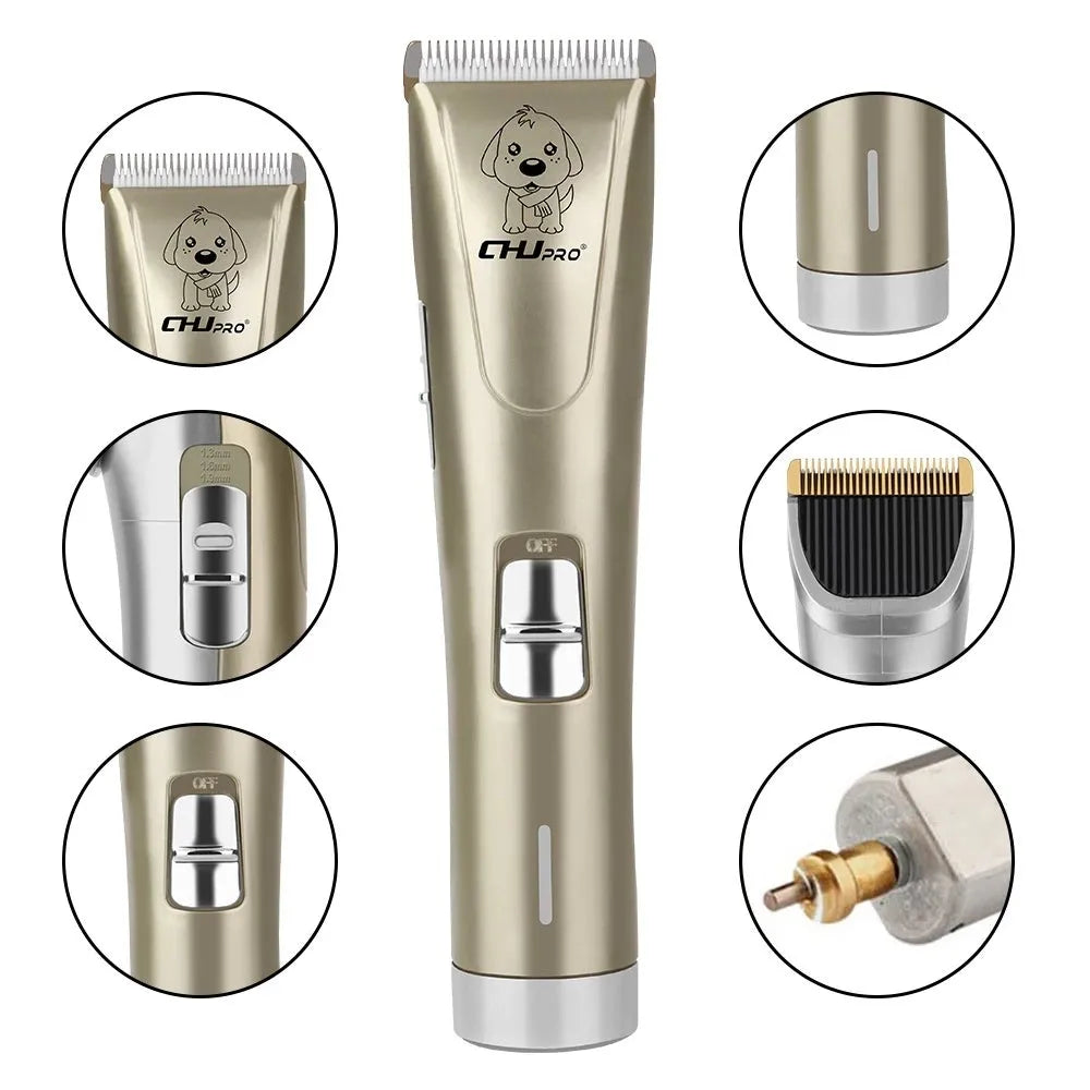 Professional pet clipper with titanium ceramic blade and 4 positioning combs in photo colour