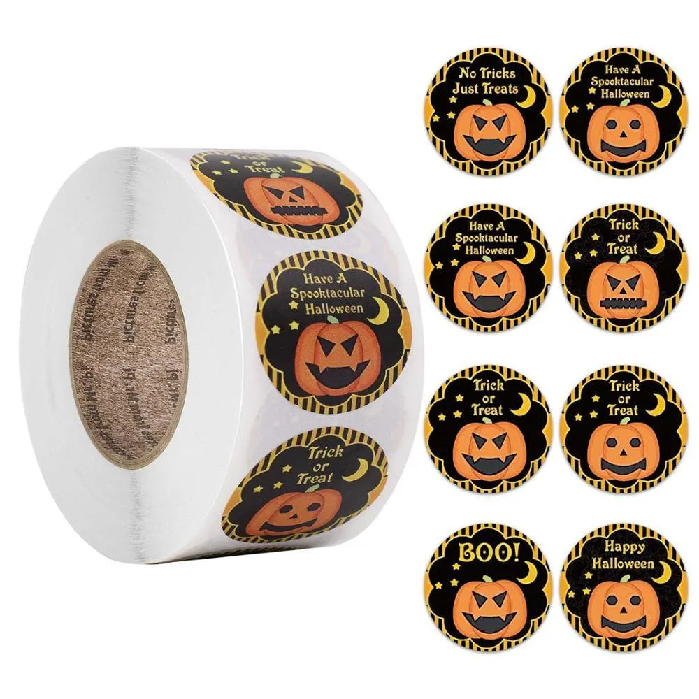 Roll of 500 PVC Halloween pumpkin pattern candy colour gift envelope stickers 1 inch diameter