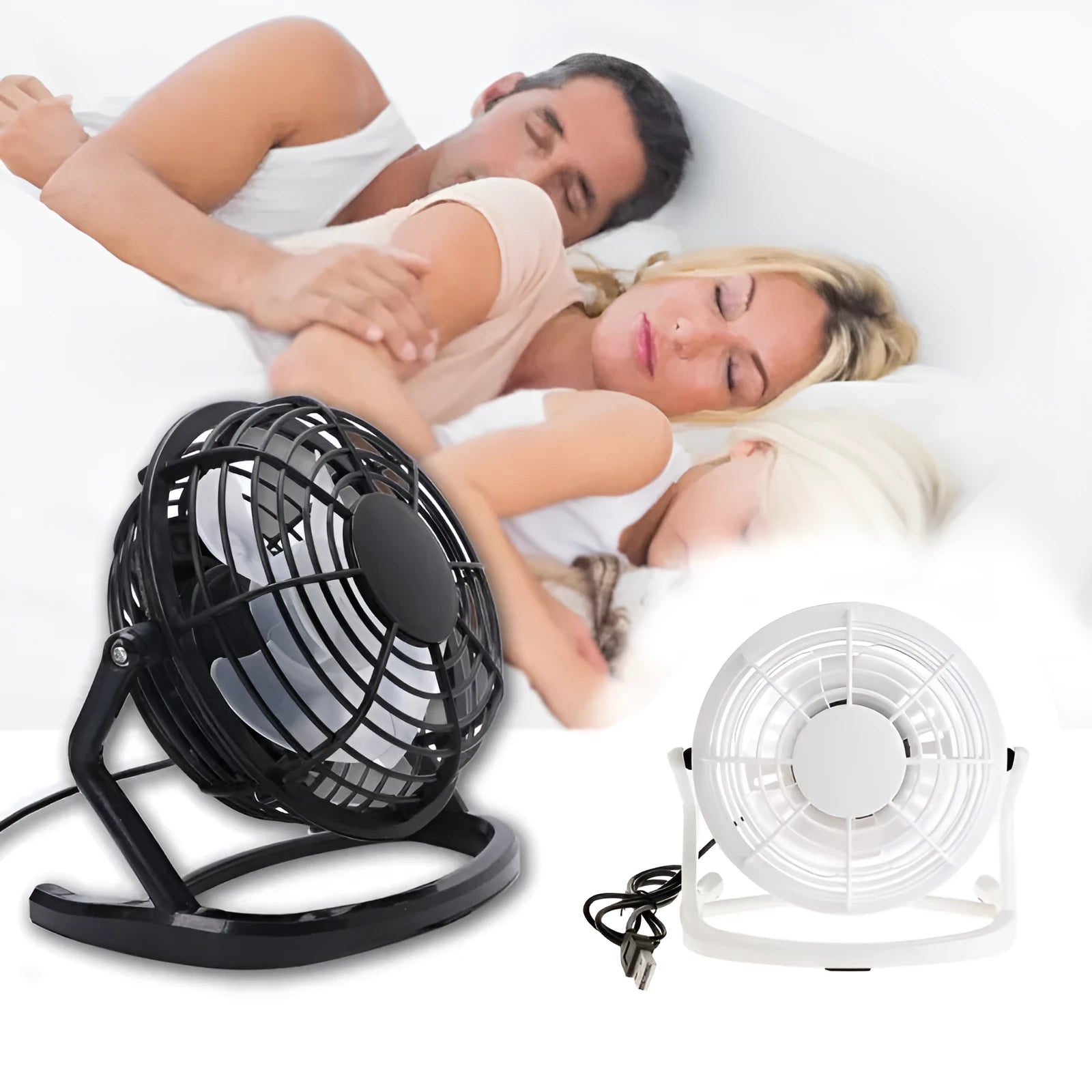 Small black USB desk fan with adjustable head and key switch on a wooden desk.