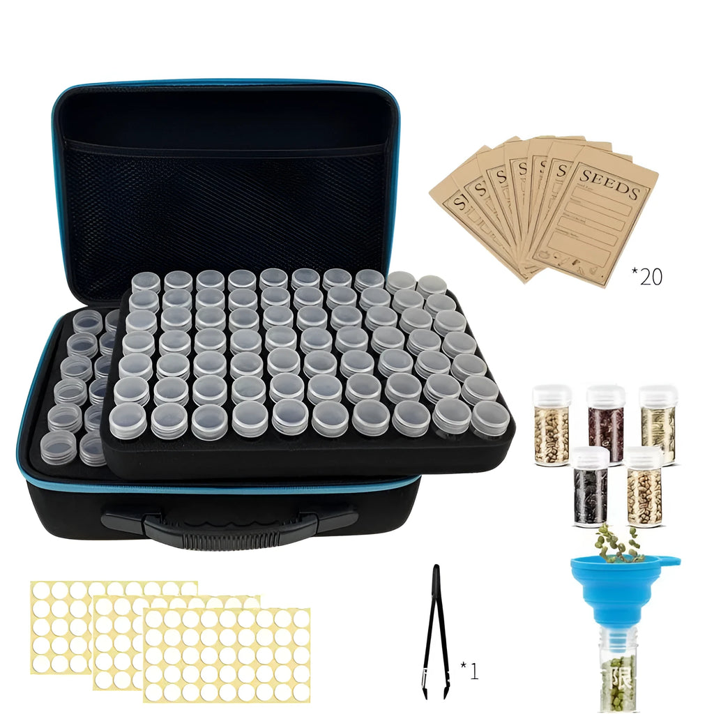 EVA seed storage box in blue with cubic design, open to show multiple grids with seed bags, tweezers, and funnel