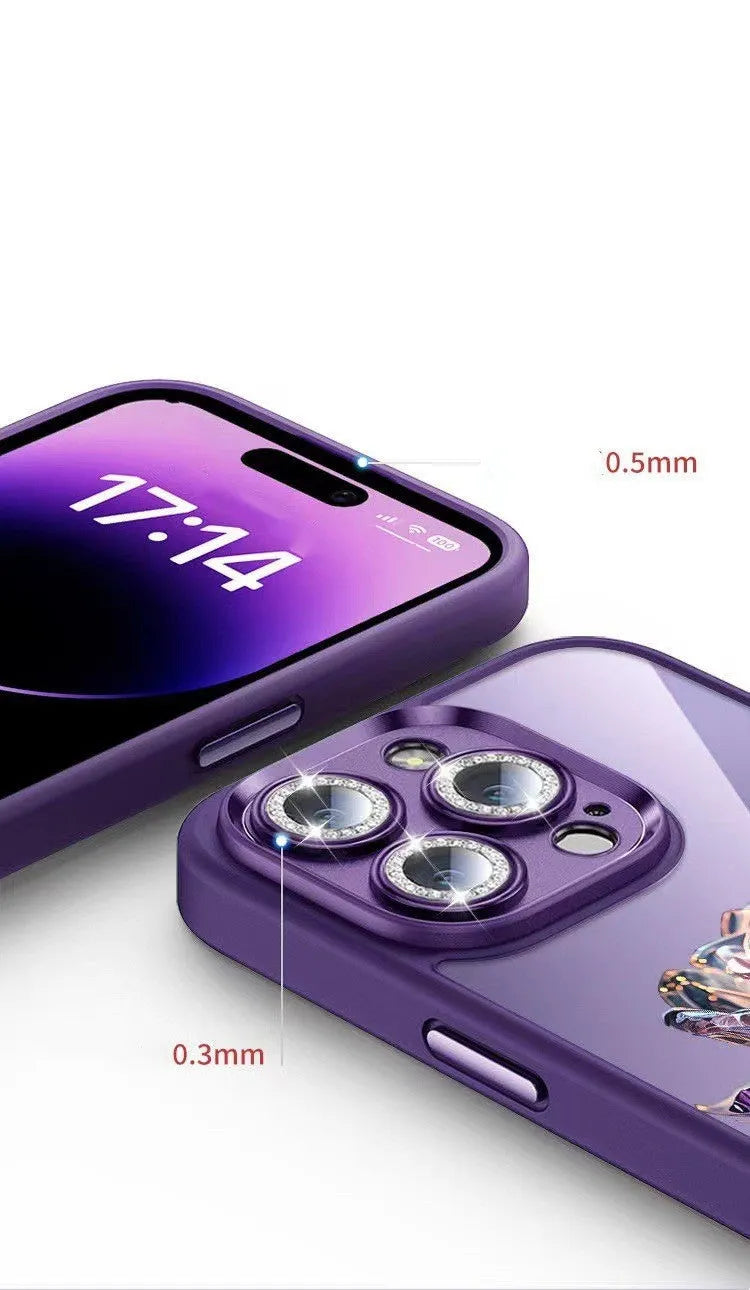 Dark Purple Fairy Rose TPU iPhone case with sparkling pink lens film for camera protection