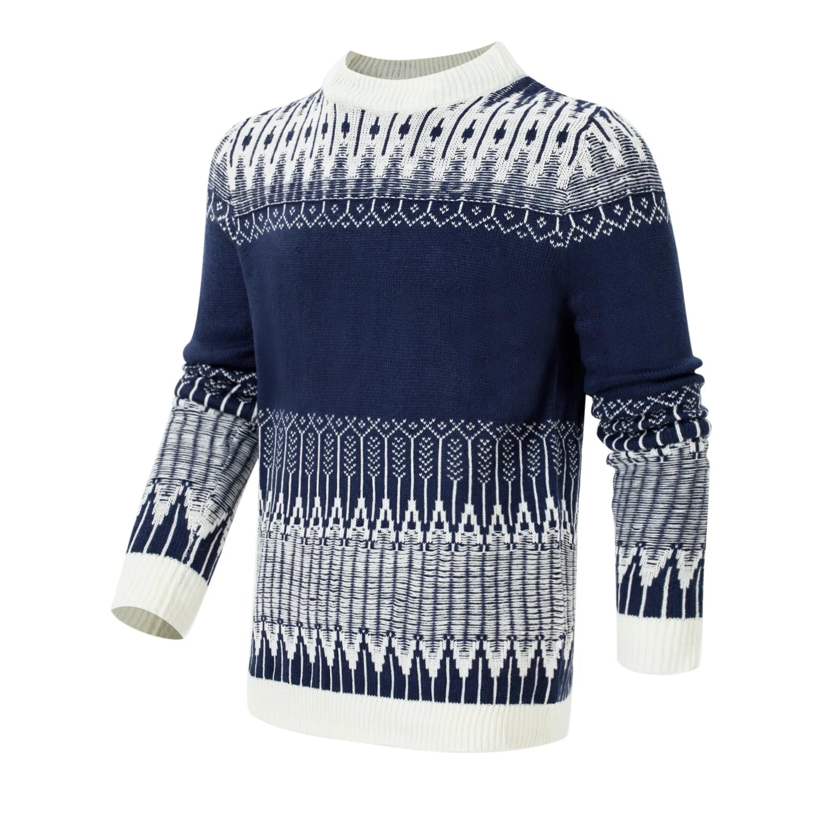 Men's grey knitted pullover sweater with ribbed cuffs and hem on a hanger