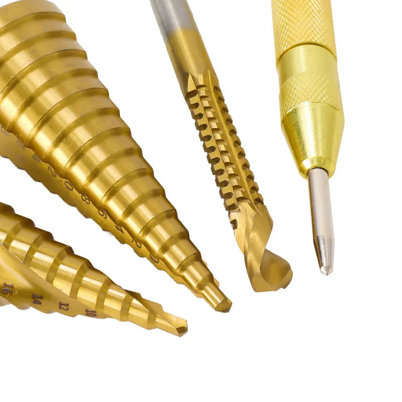 Cone drill bit punch set with high speed steel step drills and centre punch for metalworking applications