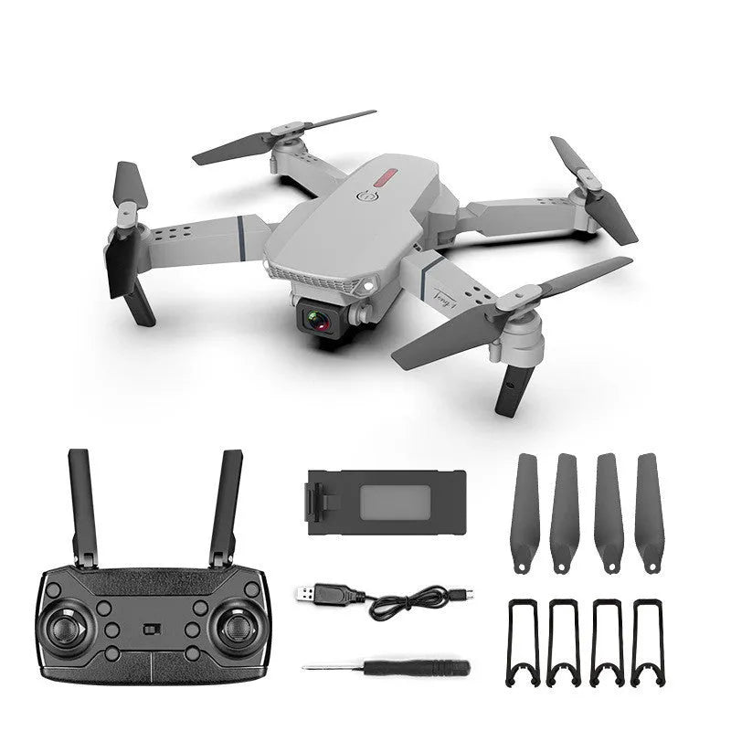 Grey foldable 4K drone with dual camera system and remote control