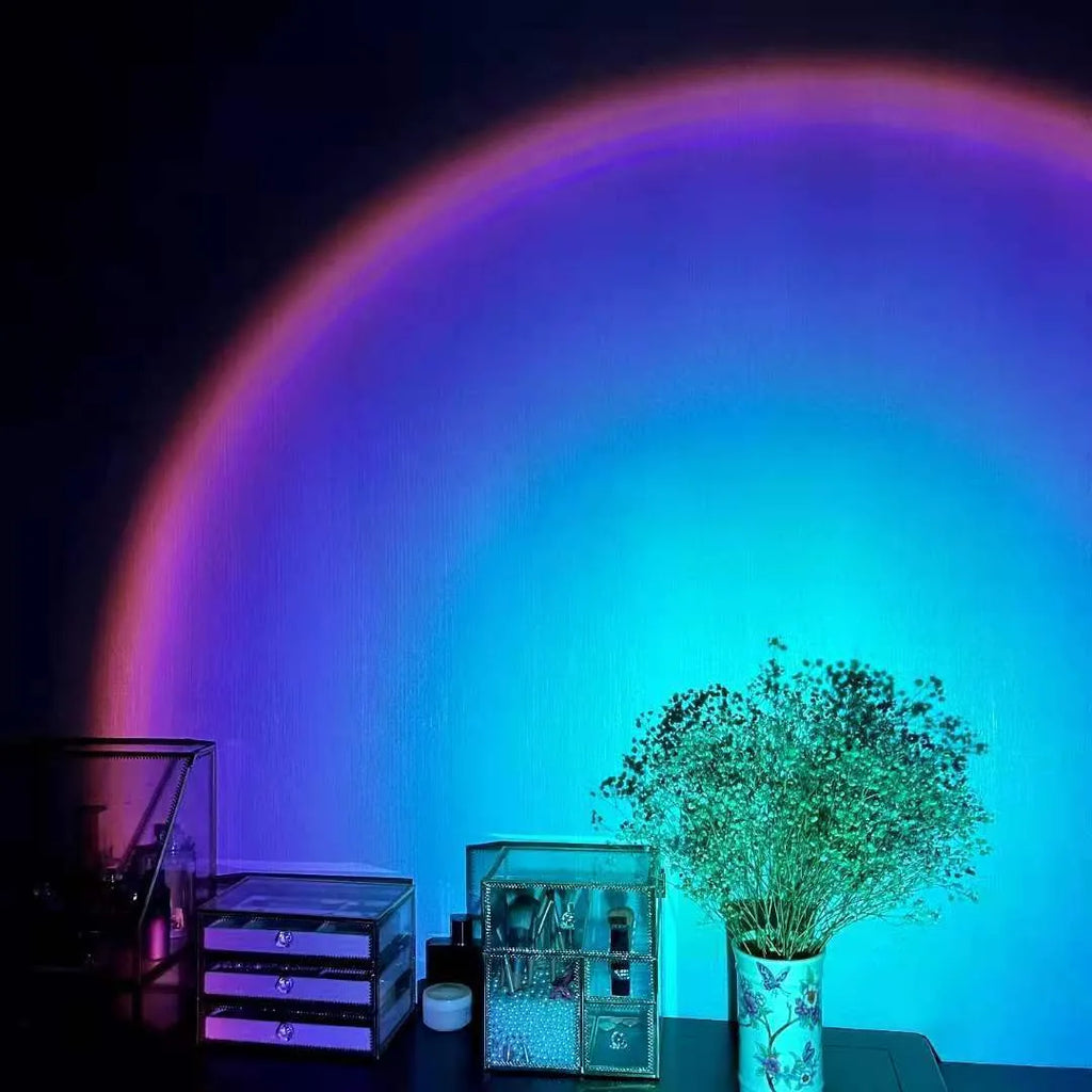 Red sunset and rainbow projection lamp with USB rechargeable operation and push-button controls