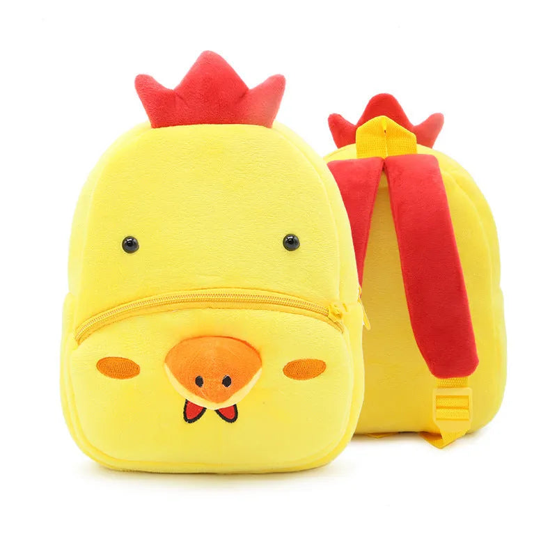Children's plush animal backpack with elephant design showing dimensions and zipper opening