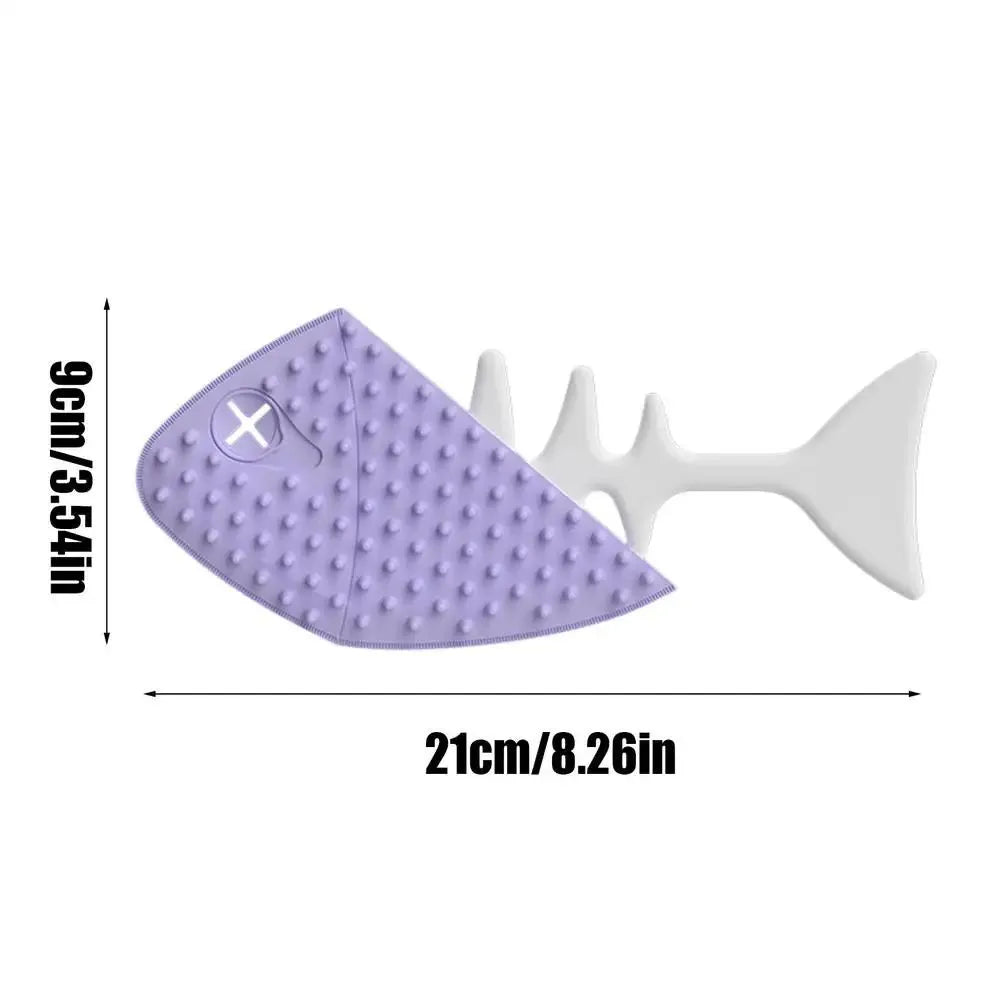Fishbone-shaped cat brush for indoor pets, available in blue, gray, and purple colours