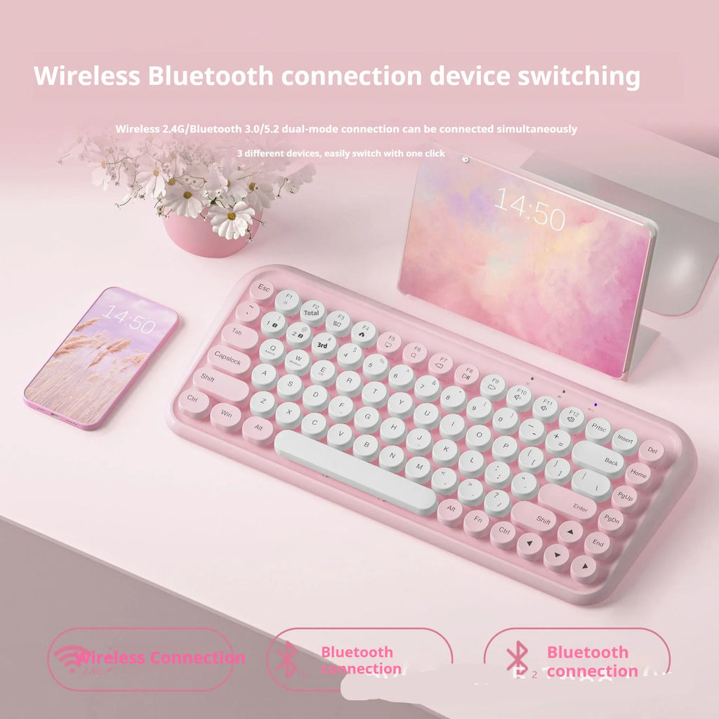 Pink dual-mode Bluetooth keyboard with 84 keys and quiet mechanical switches