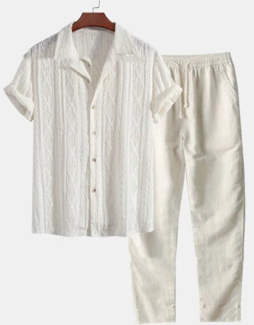 Men's loose short sleeve shirt and trousers suit in milk silk fabric for summer