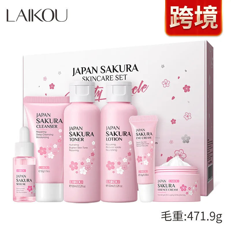 Cherry Blossom facial skincare 6-piece set showing cleanser, toner, creams and treatments