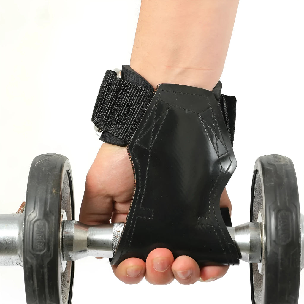 A pair of black rubber palm protection assist belts for rock climbing and weightlifting.