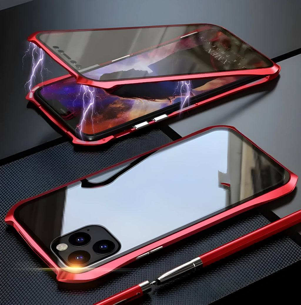 Glass magnetic king metal protective cover for iPhone 11 series in black, red, blue, and silver colours.