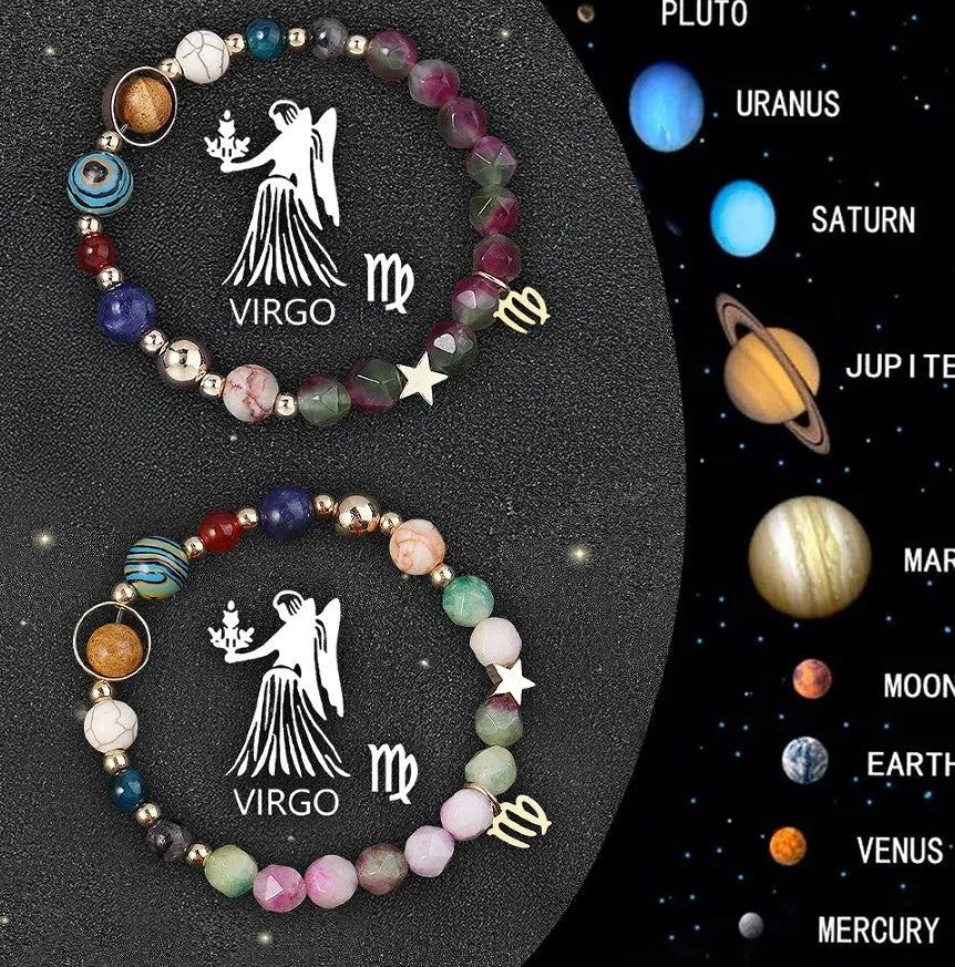 Two natural stone beaded bracelets showing zodiac sign designs for astrology jewellery