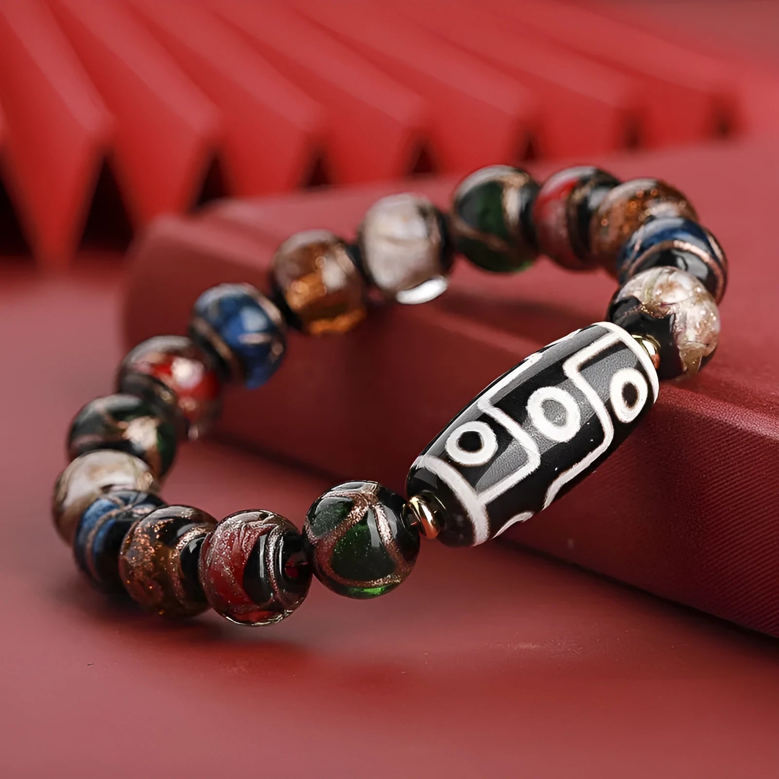 Ancient five-color colored glaze bracelet with snake auspicious patterns in 10mm, 12mm, or 14mm bead sizes