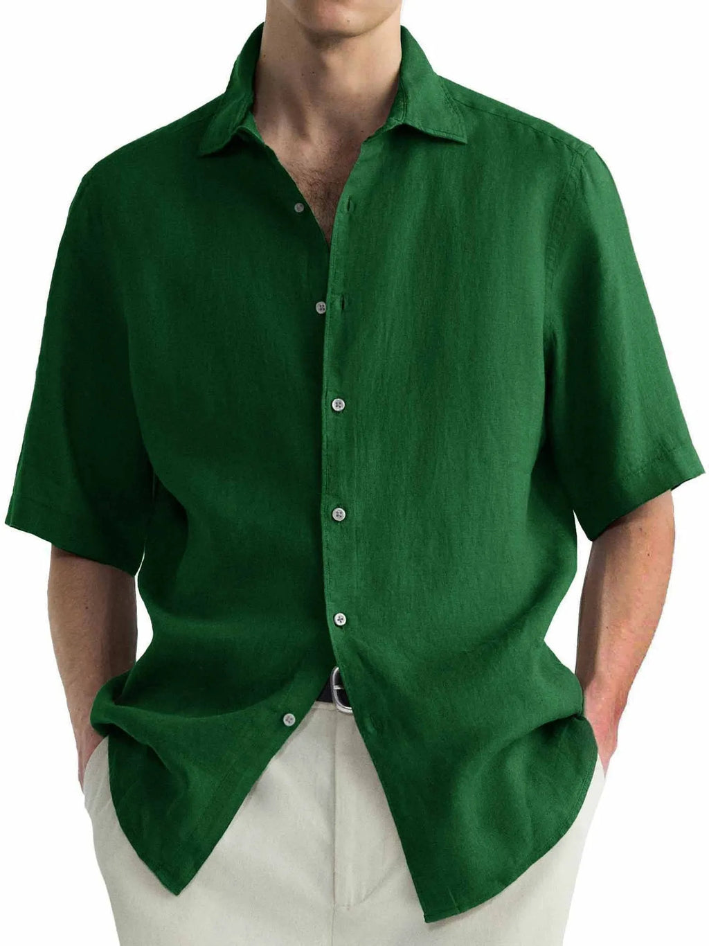 Men's green pure cotton casual cardigan shirt laid flat, showing button front and regular fit.