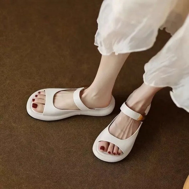 Women's peep toe platform sandals in apricot and white with soft leather upper and rubber sole for casual outdoor wear