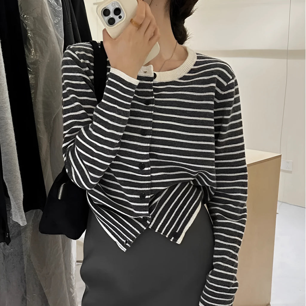 French style striped cardigan coat for women in dark grey with white stripes, viscose spandex fabric