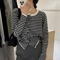 French style striped cardigan coat for women in dark grey with white stripes, viscose spandex fabric