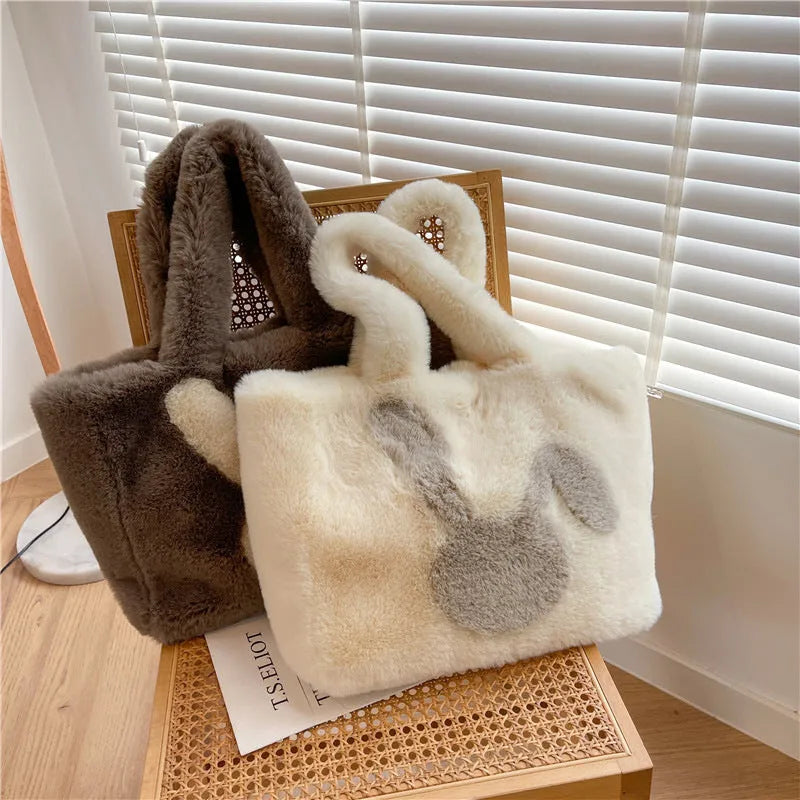 Plush rabbit ears shoulder tote bag in six colours for women's autumn winter shopping