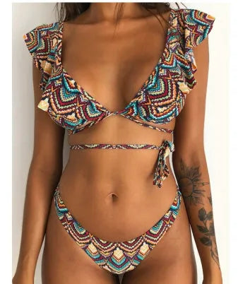 Yellow floral print split bikini swimsuit on a mannequin, showing front and back views.