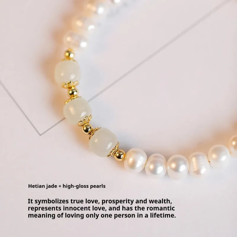 Diamond-shaped freshwater pearl bracelet in Hetian jade colour with Korean-style design