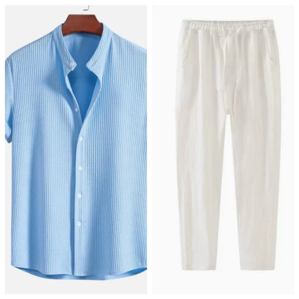Men's loose fit short sleeve casual shirt in light blue, hanging on a plain background.