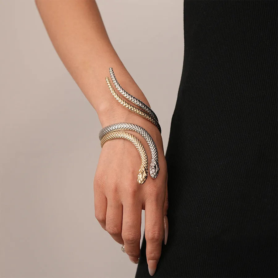 Gold and silver simulated snakes bracelet and ring set with twisted winding design