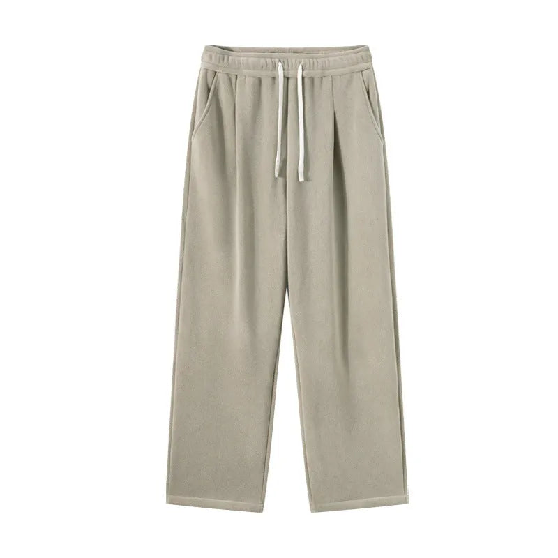Men's apricot fleece-lined winter sports pants with drawstring waist and loose Korean-style fit