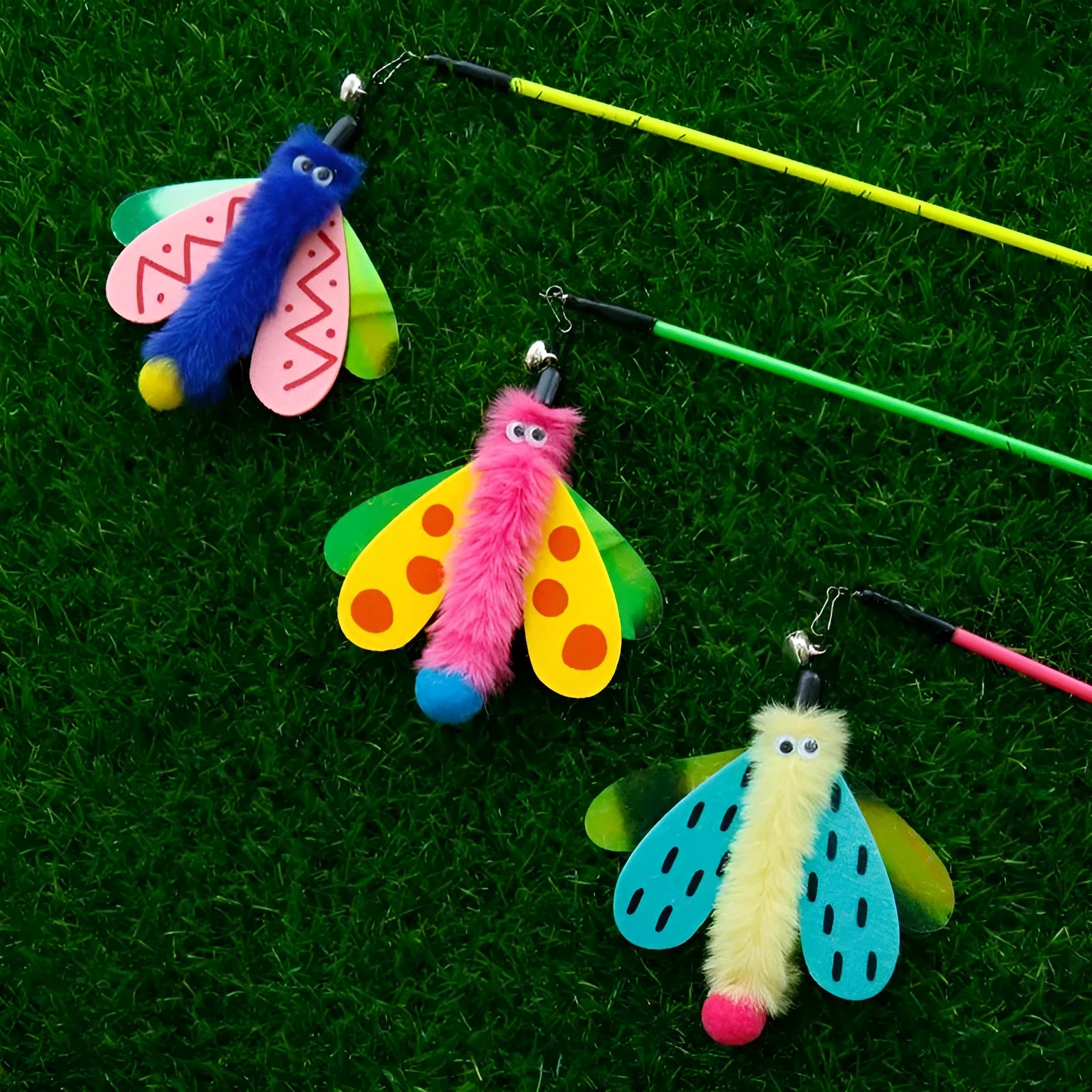 Blue cat wand toy with dragonfly attachment and bell on 49cm stick