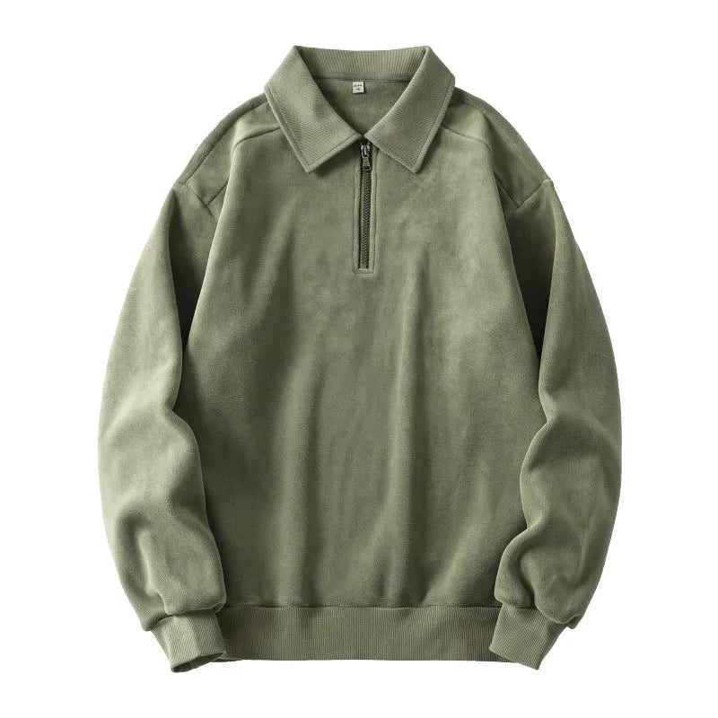 Men's fleece half-zip lapel hoodie in black, long sleeves, polyester cotton blend, winter warm top