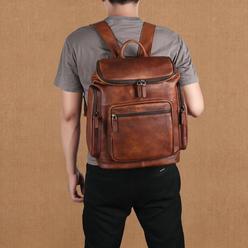 Genuine retro double-layer cowhide backpack for men, light brown, 14-inch size, patchwork style