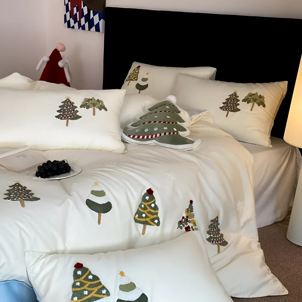Christmas tree embroidered cotton four-piece bed sheet set with plants pattern in cream blue or green
