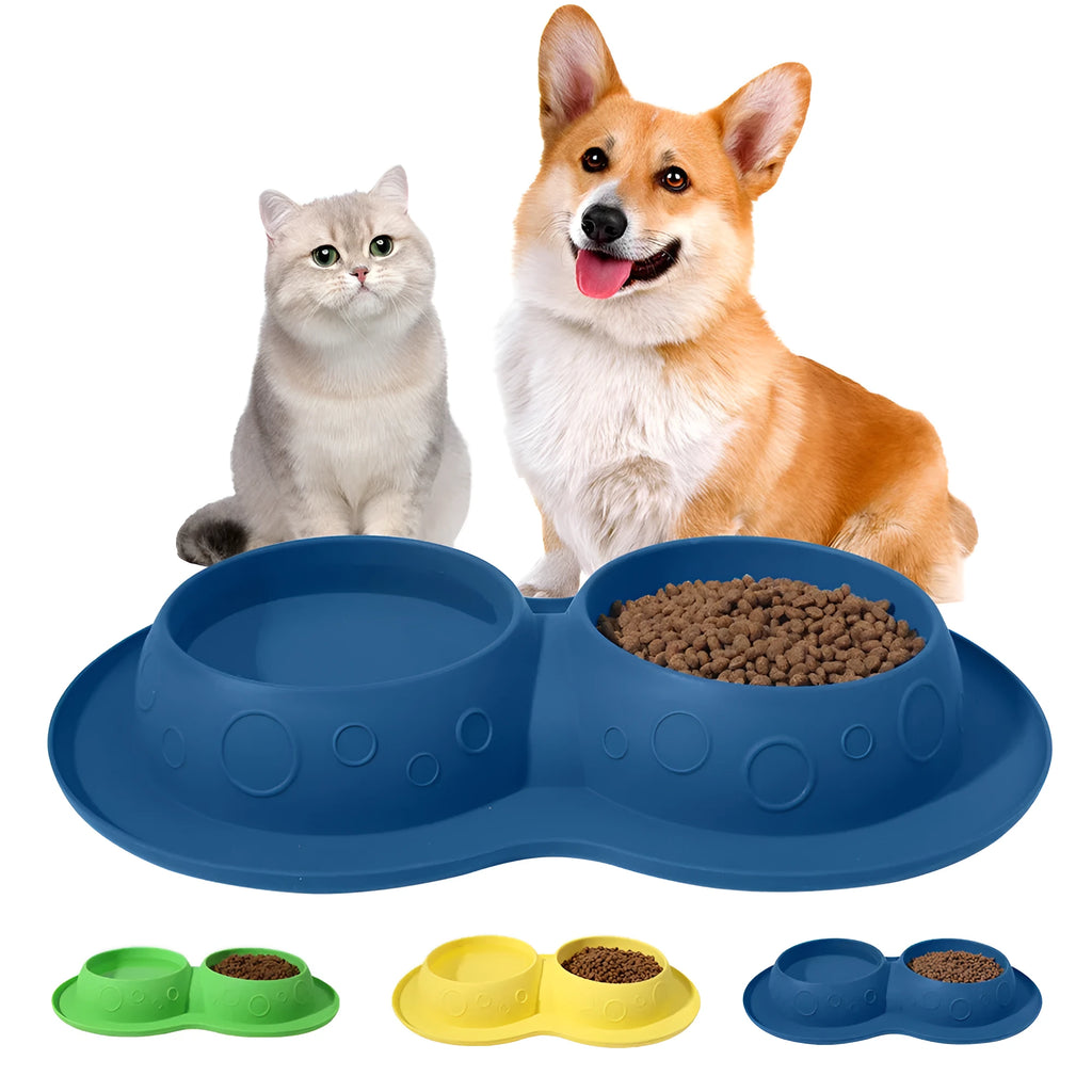 Blue silicone non-slip waterproof pet feeding mat with raised edge and bowl area, 45x30cm