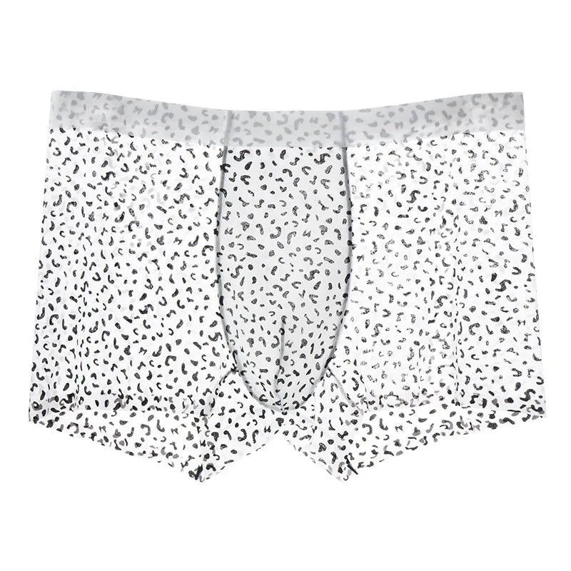 Men's ice silk boxer shorts showing camouflage, leopard print, zebra and geometric pattern options.