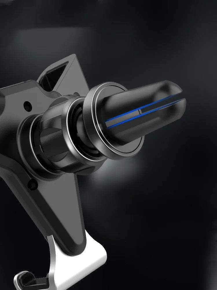 Universal car air vent phone mount in elegant black, holding a smartphone, with adjustable cradle for 66-84mm devices.
