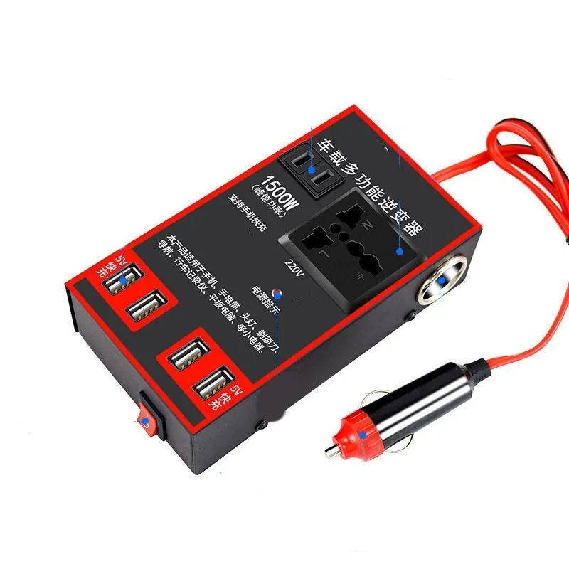 Black automotive power converter with 220V socket and USB ports for car cigarette lighter