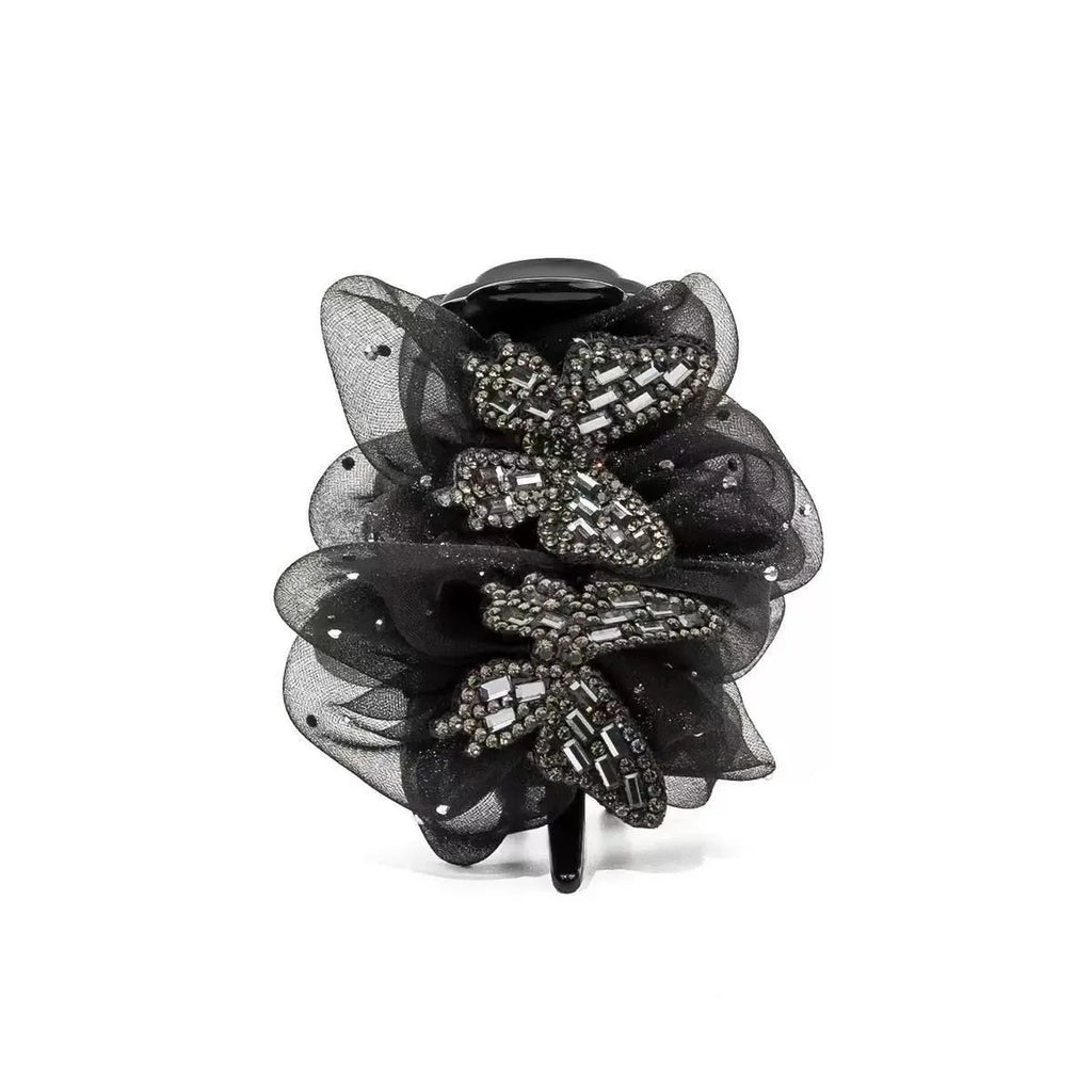 Double butterfly black veil bun grip barrette for women, single black hair accessory with butterfly detail