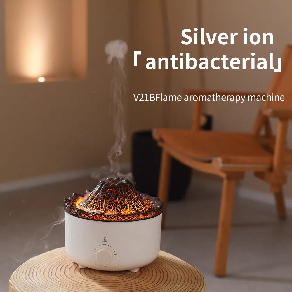 White columnar volcano humidifier with simulated flame lighting effect and remote control