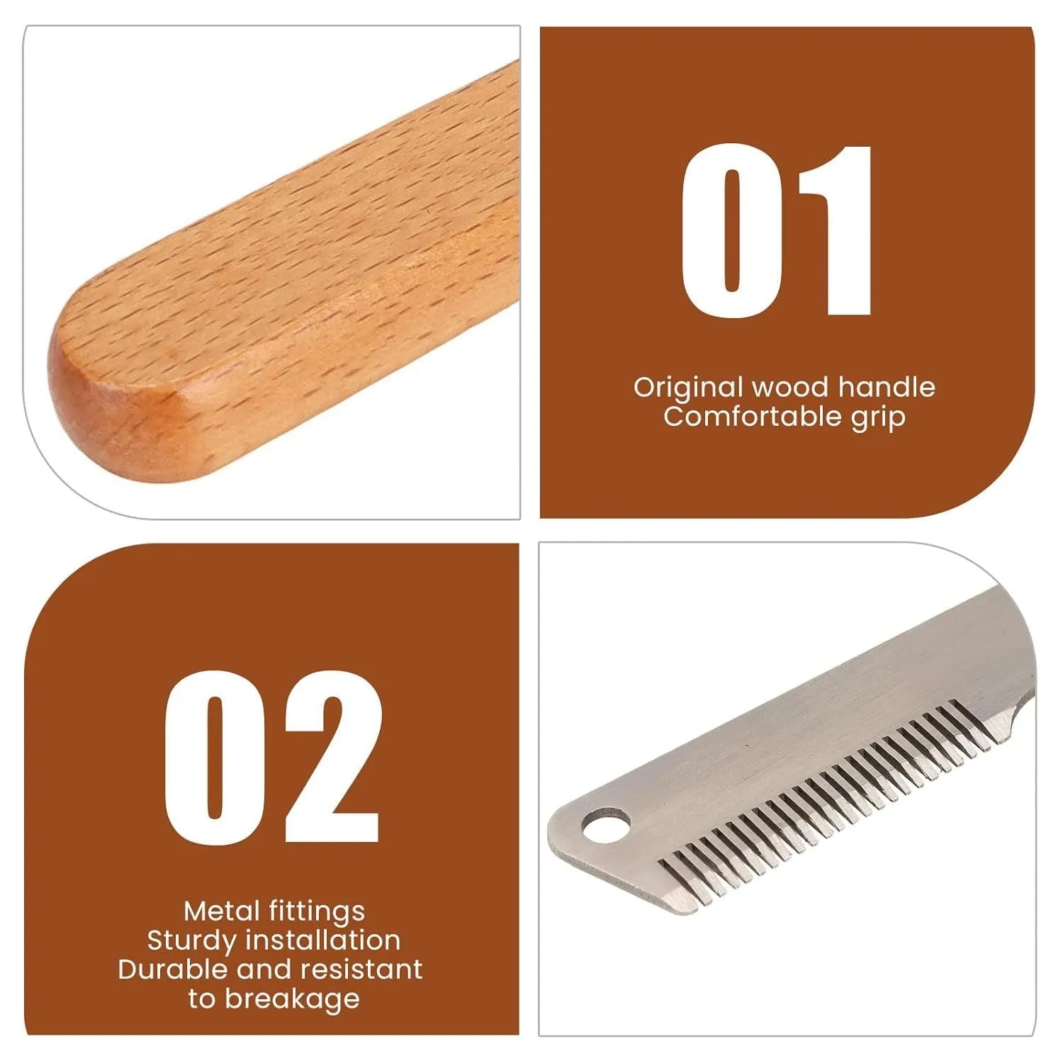 Pet stripping comb grooming tool with a wood handle and metal blade for dogs and cats.