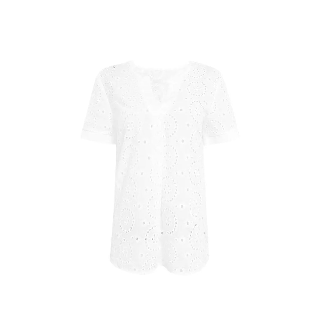 White women's V-neck t-shirt with hollow out detailing and short sleeves