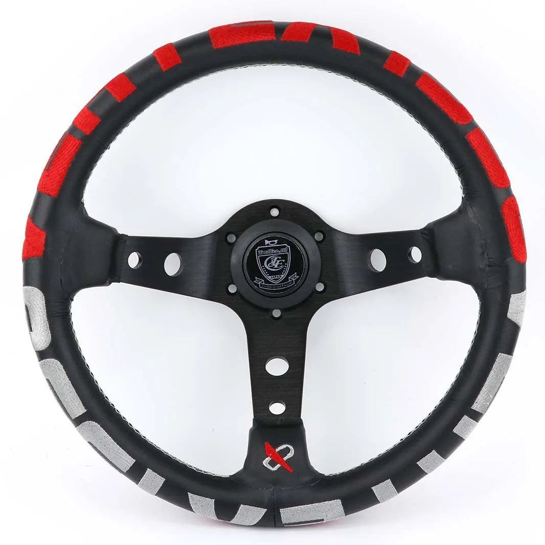 Black deep concave alloy racing steering wheel showing 330mm diameter and Vertex design options.