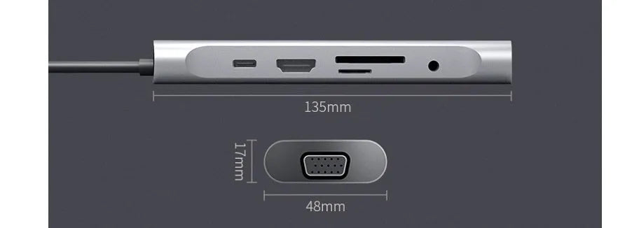 Grey USB-C docking station with HDMI, VGA, USB 3.0 ports and 140mm cable
