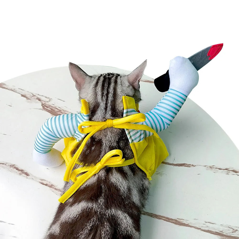 Yellow sword assassin costume for cats on hanger showing B02405 design