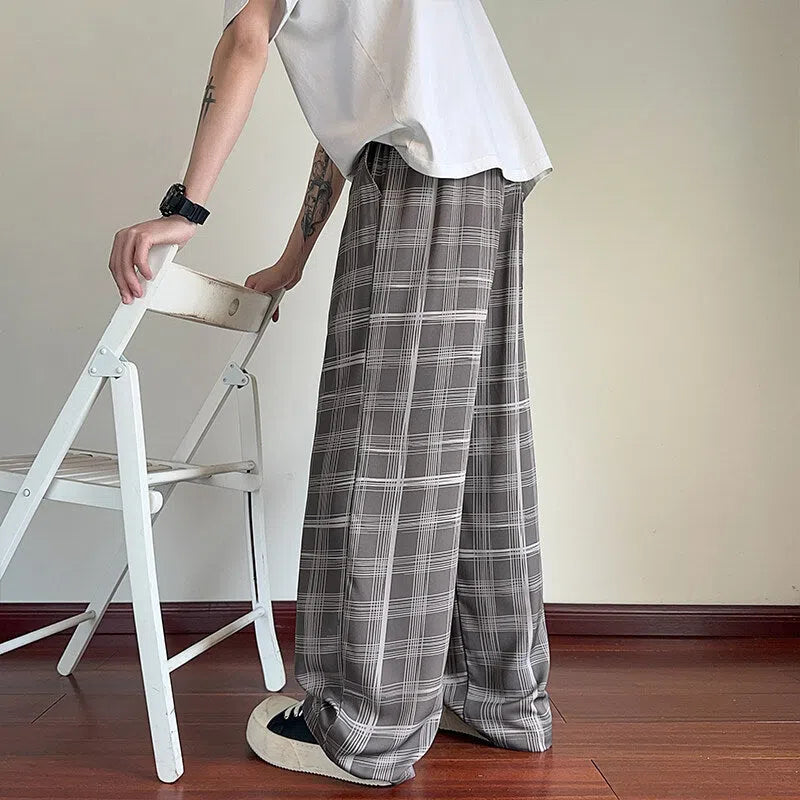 Men's plaid ice silk summer trousers, thin straight leg, grey or black, sizes M to XXL