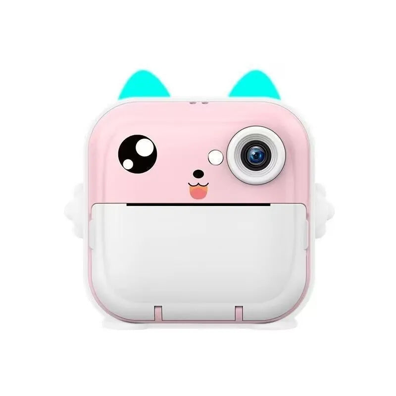 A pink children's SLR-style toy camera with a double lens on a white background.