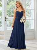 Women's long pleated A-line dress with sleeveless sling neckline in solid colours