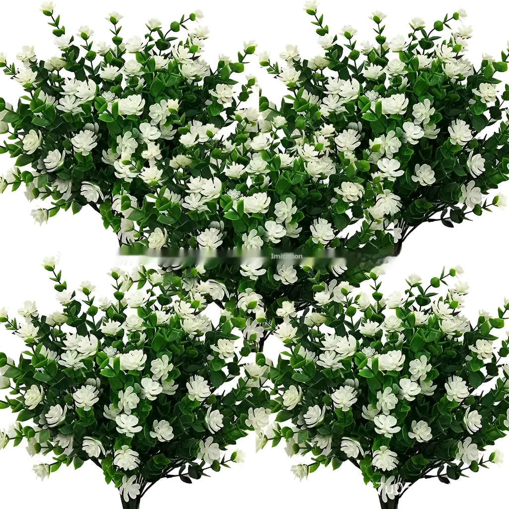 Artificial eucalyptus camellia plastic bouquet in mixed colours on white background