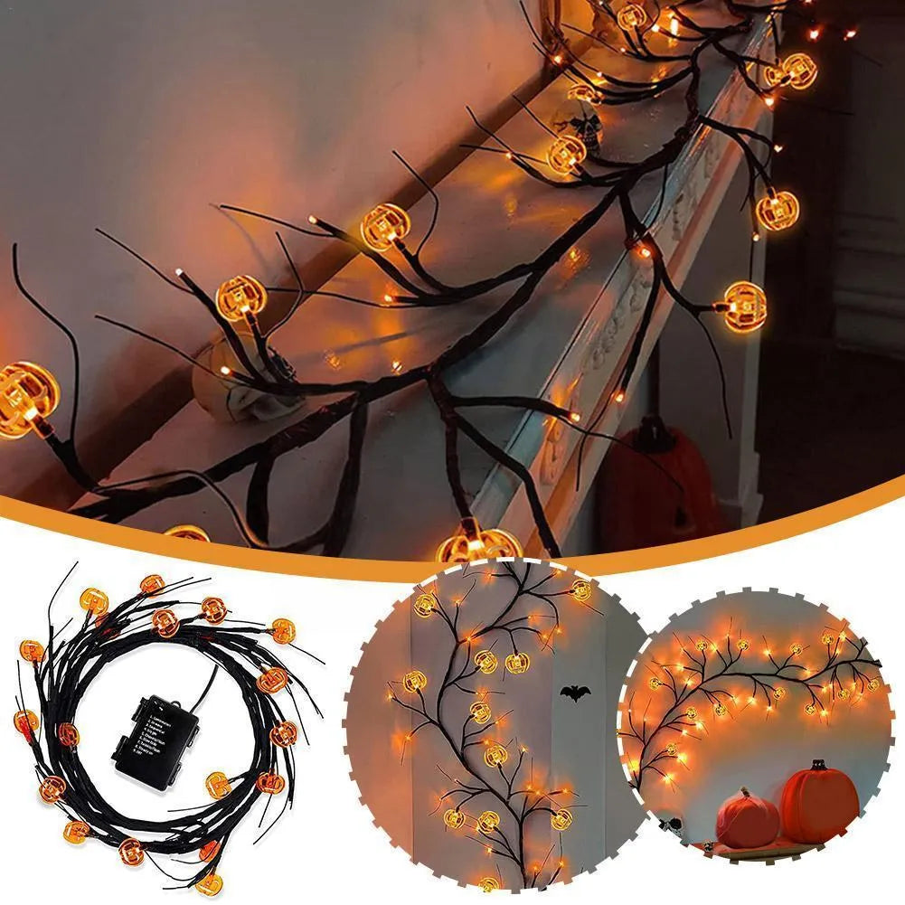 Halloween LED willow vine string light with 100 cartoon bat and pumpkin rattan lanterns on a 2-metre vine for indoor outdoor decor