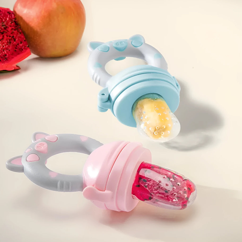 Blue, green, and pink silicone baby teethers showing single and triple mouthpiece styles