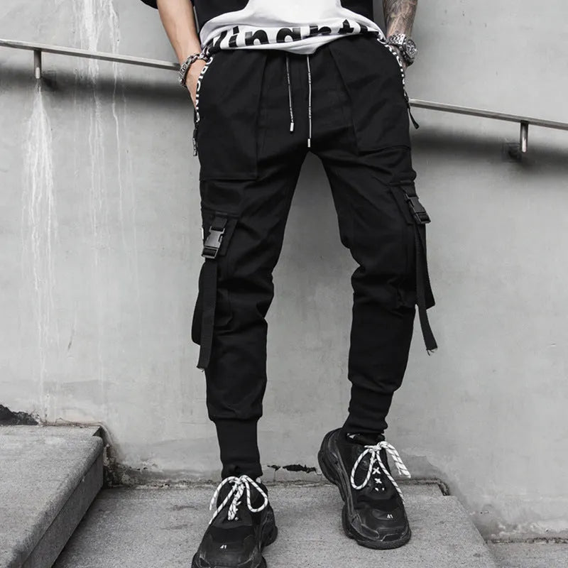 Men's black casual cone-type hip hop trousers, mid-waist, no belt, Asian sizing M-2XL